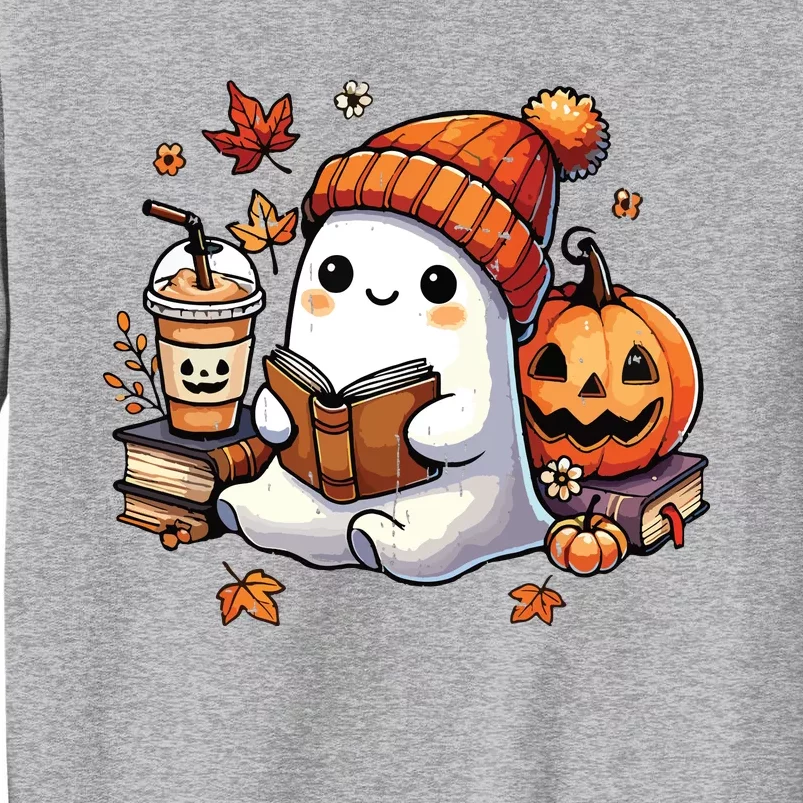 Halloween Ghost Reading Book Lovers Cute Ghost Coffee Women Tall Sweatshirt