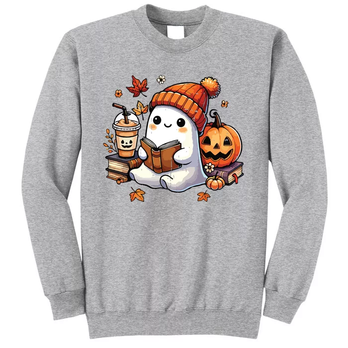 Halloween Ghost Reading Book Lovers Cute Ghost Coffee Women Tall Sweatshirt