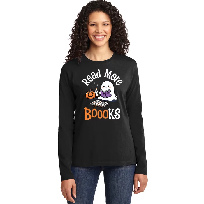 Halloween Ghost Reading Read More Books Librarian Teacher Ladies Long Sleeve Shirt