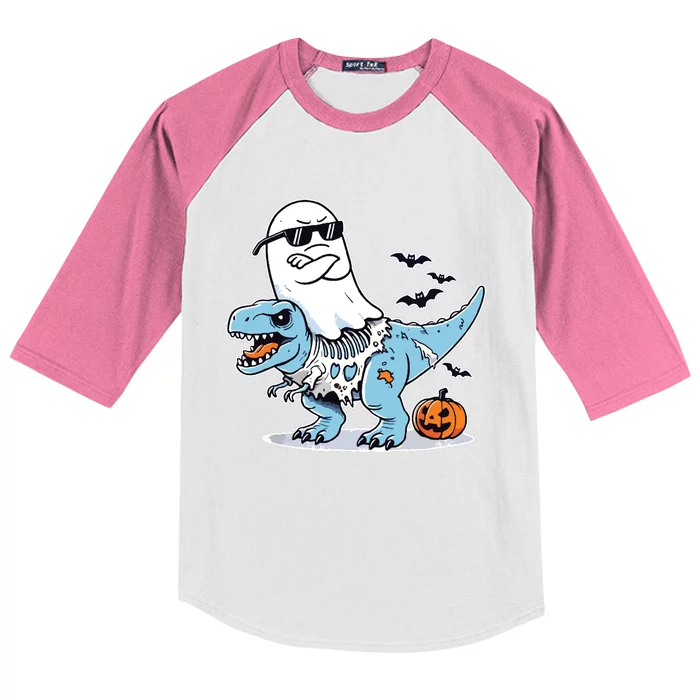 Halloween Ghost Riding Zombie Trex Funny Halloween Kids Colorblock Raglan Jersey