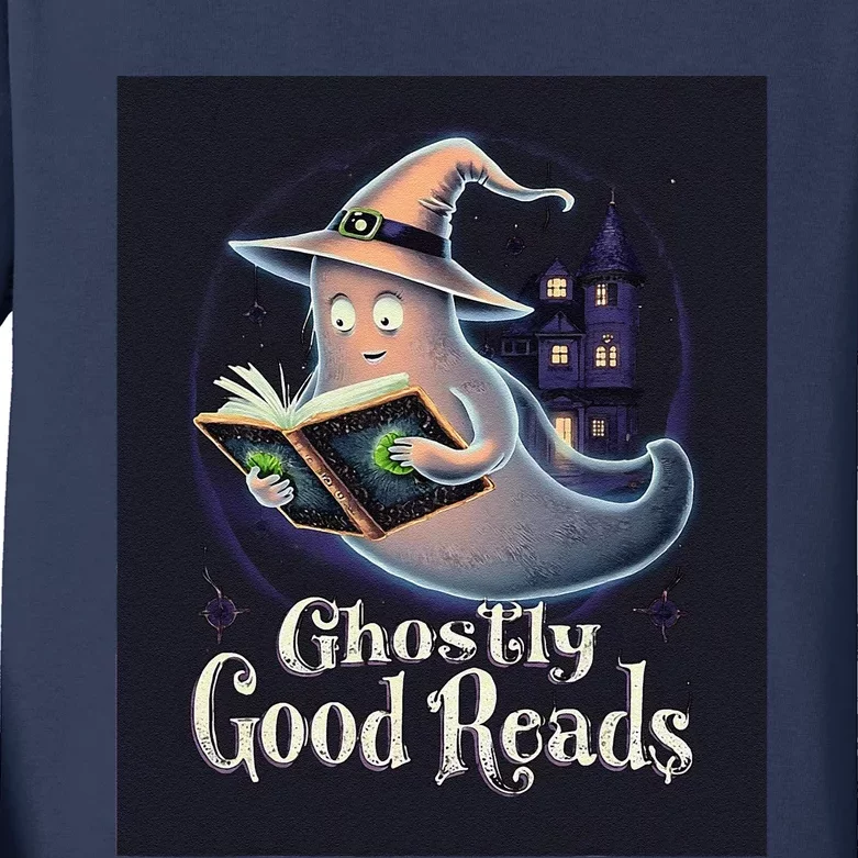 Halloween Ghost Reading Book Spooky Teacher Humor Kids Long Sleeve Shirt