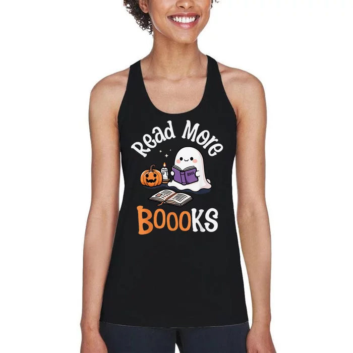 Halloween Ghost Reading Read More Books Librarian Teacher Women's Racerback Tank