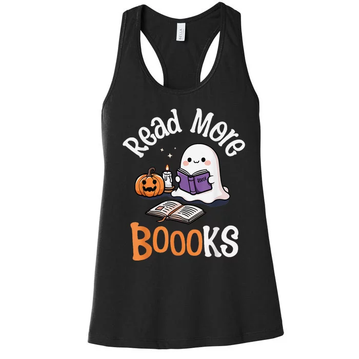 Halloween Ghost Reading Read More Books Librarian Teacher Women's Racerback Tank