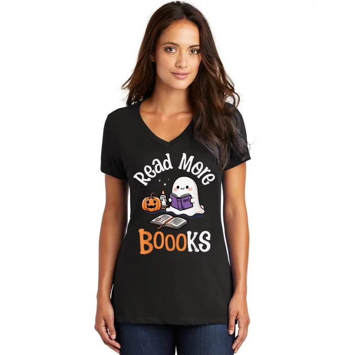 Halloween Ghost Reading Read More Books Librarian Teacher Women's V-Neck T-Shirt