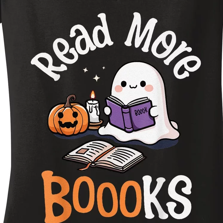 Halloween Ghost Reading Read More Books Librarian Teacher Women's V-Neck T-Shirt