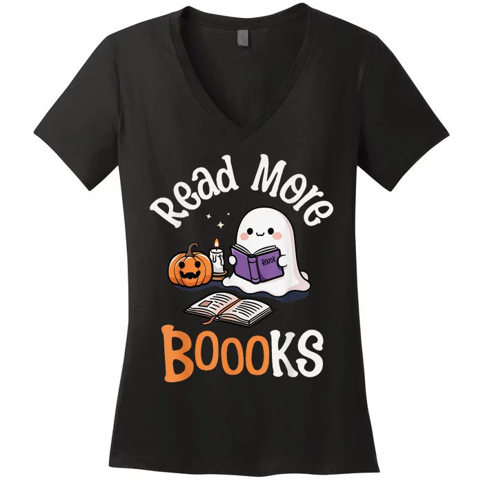 Halloween Ghost Reading Read More Books Librarian Teacher Women's V-Neck T-Shirt