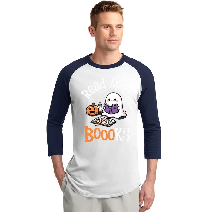 Halloween Ghost Reading Read More Books Librarian Teacher Baseball Sleeve Shirt