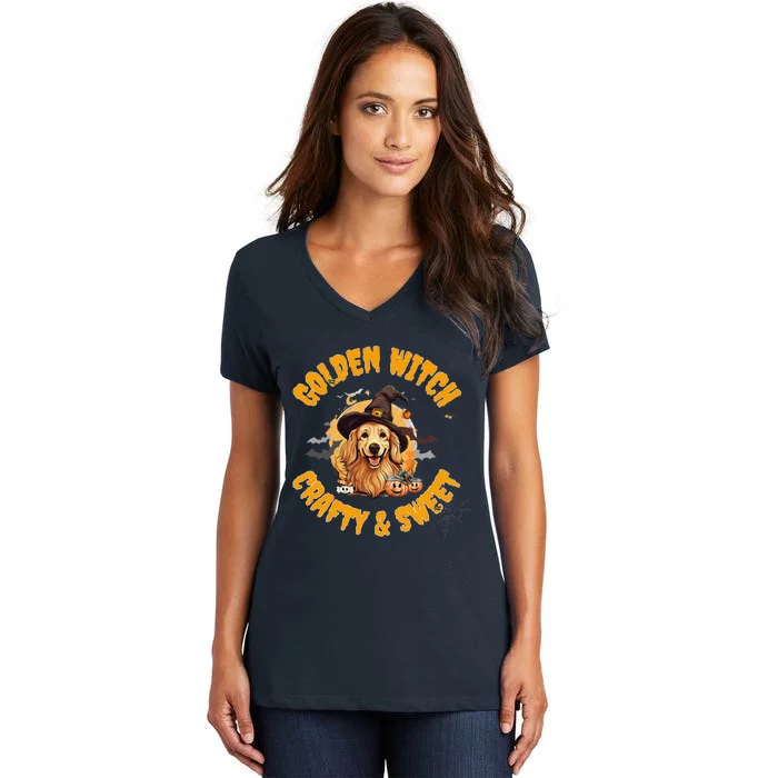 Halloween Golden Retriever Witch Crafty & Sweet Women's V-Neck T-Shirt