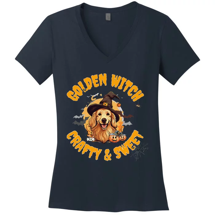 Halloween Golden Retriever Witch Crafty & Sweet Women's V-Neck T-Shirt