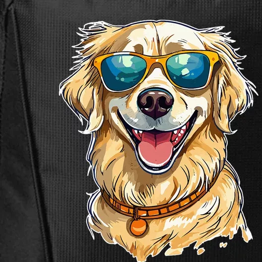 Happy Golden Retriever Wearing Sunglasses and Smiling City Backpack