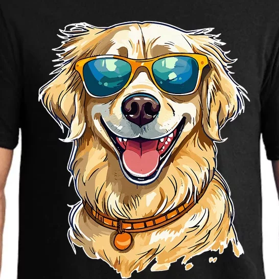 Happy Golden Retriever Wearing Sunglasses and Smiling Pajama Set