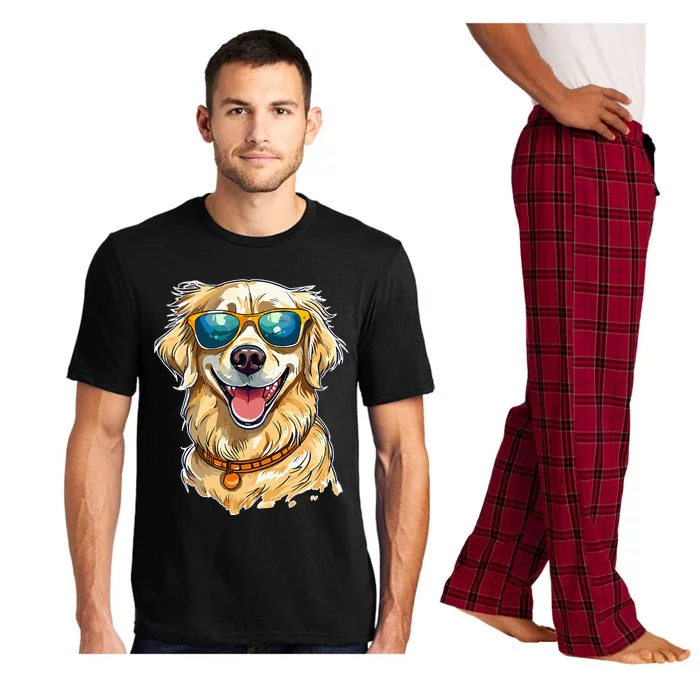 Happy Golden Retriever Wearing Sunglasses and Smiling Pajama Set