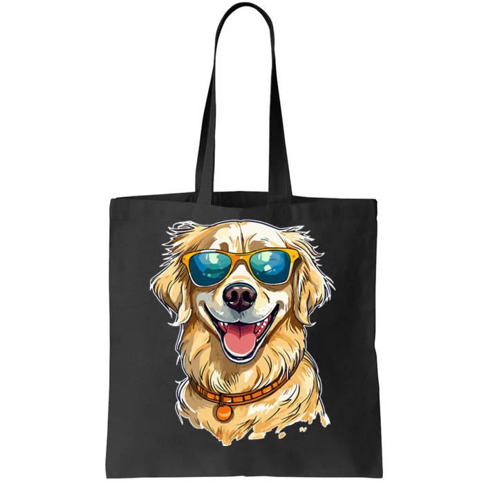 Happy Golden Retriever Wearing Sunglasses and Smiling Tote Bag