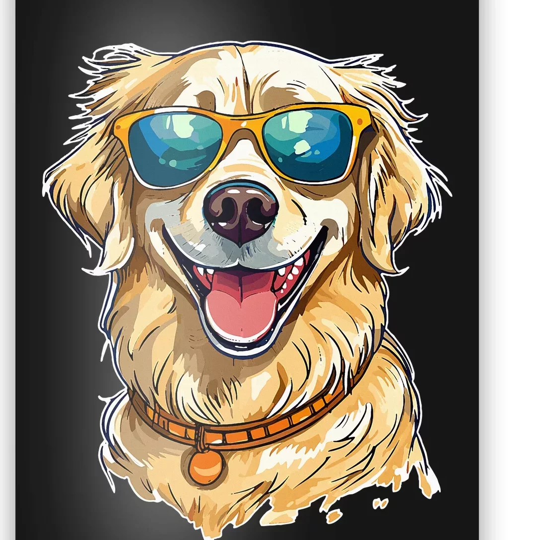 Happy Golden Retriever Wearing Sunglasses and Smiling Poster