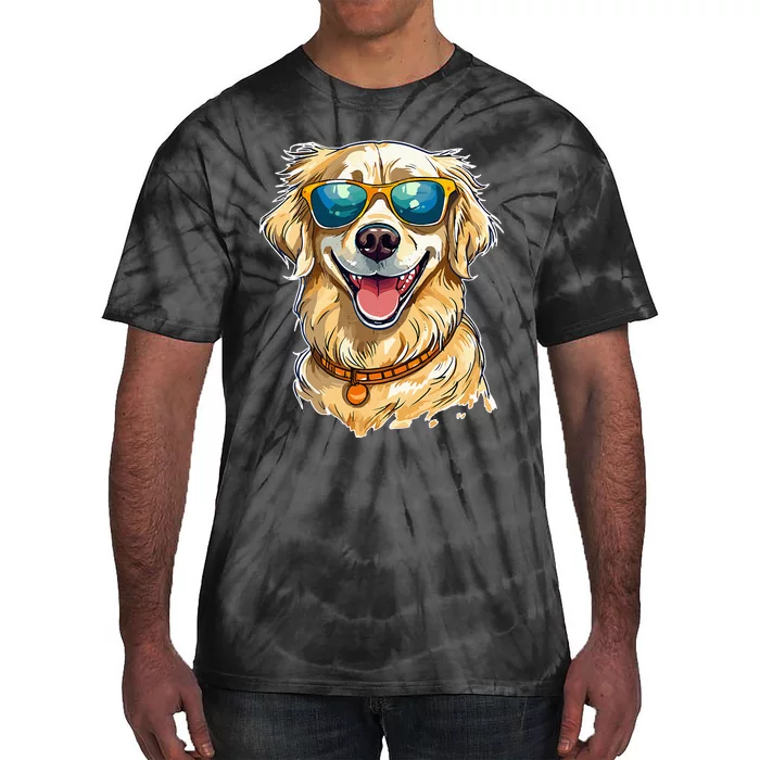 Happy Golden Retriever Wearing Sunglasses and Smiling Tie-Dye T-Shirt