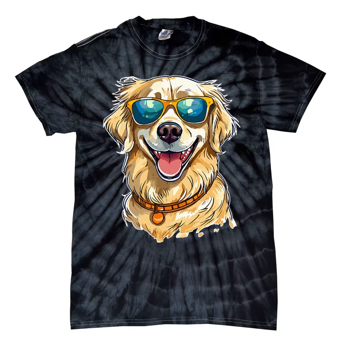 Happy Golden Retriever Wearing Sunglasses and Smiling Tie-Dye T-Shirt