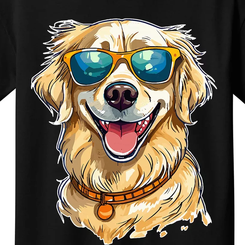 Happy Golden Retriever Wearing Sunglasses and Smiling Kids T-Shirt