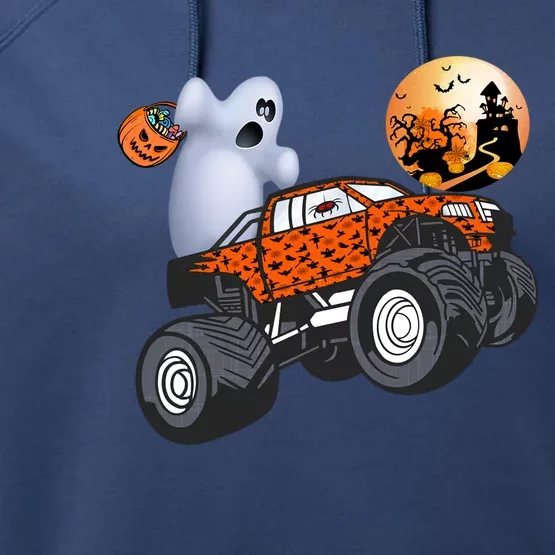 Halloween Ghost Riding Monster Truck Funny Gift Performance Fleece Hoodie