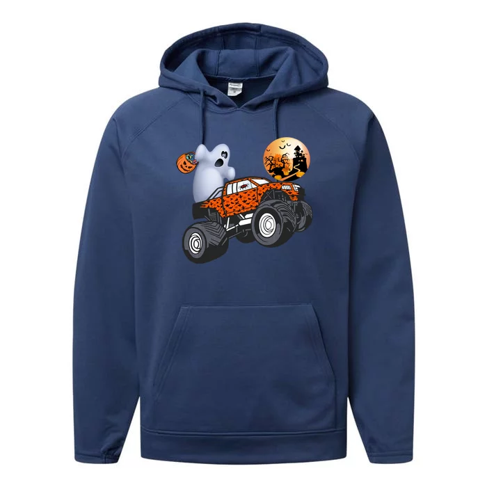 Halloween Ghost Riding Monster Truck Funny Gift Performance Fleece Hoodie