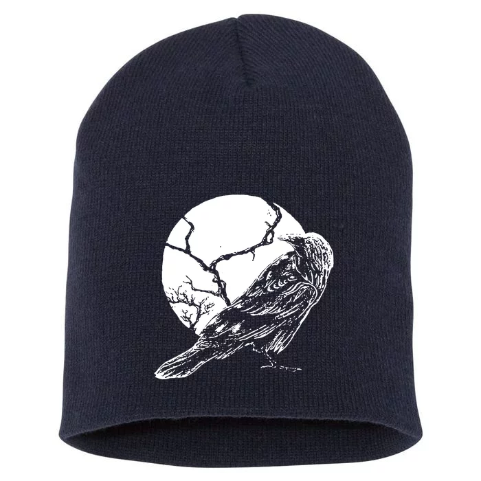 Horror Graphic Raven And Moon Short Acrylic Beanie