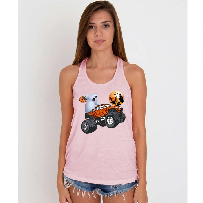 Halloween Ghost Riding Monster Truck Gift Women's Knotted Racerback Tank