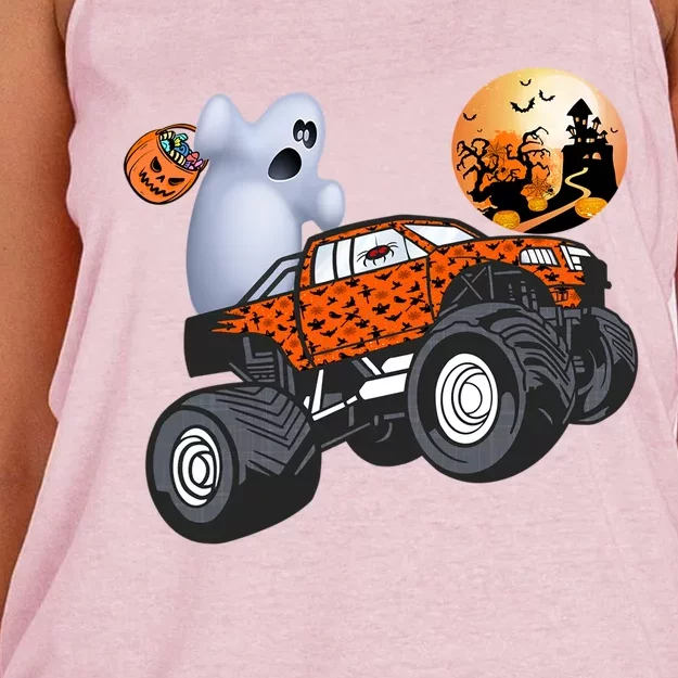 Halloween Ghost Riding Monster Truck Gift Women's Knotted Racerback Tank