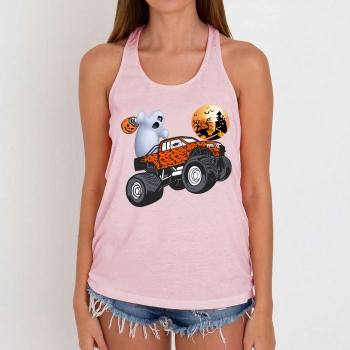 Halloween Ghost Riding Monster Truck Gift Women's Knotted Racerback Tank