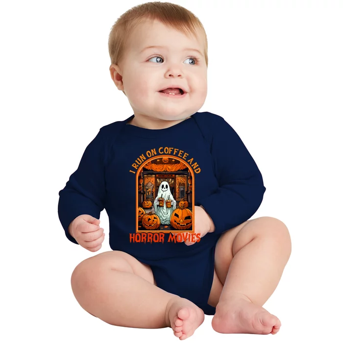 Halloween Ghost Spooky Season I Run On Coffee Horror Movies Gift Baby Long Sleeve Bodysuit