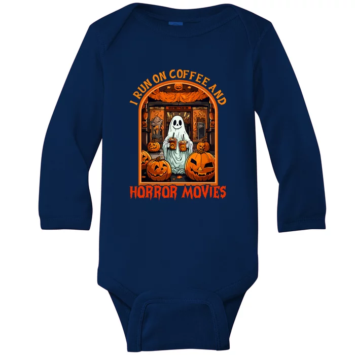 Halloween Ghost Spooky Season I Run On Coffee Horror Movies Gift Baby Long Sleeve Bodysuit