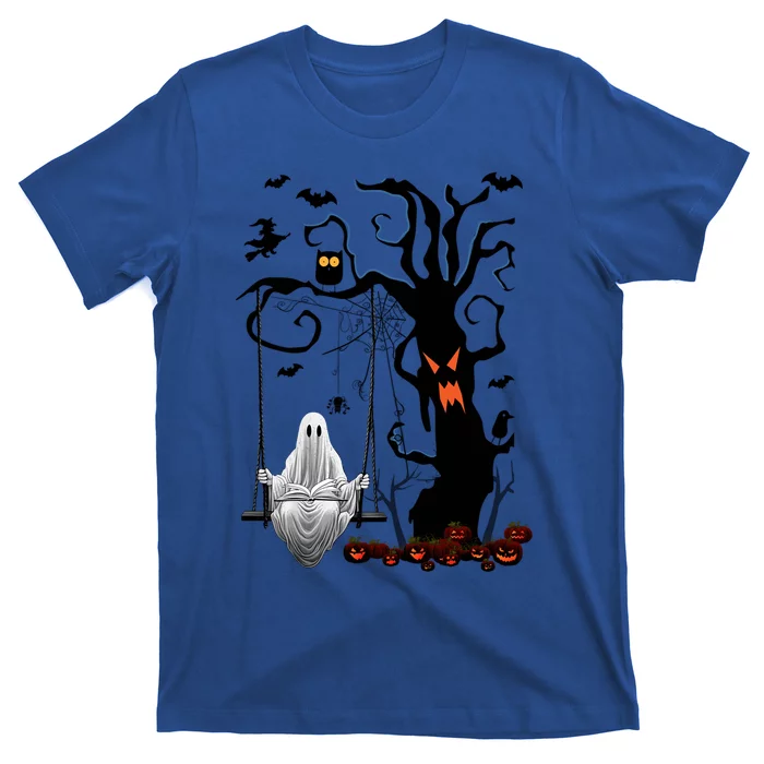 Halloween Ghost Swinging And Reading Book Creepy Pumpkins Cool Gift T-Shirt