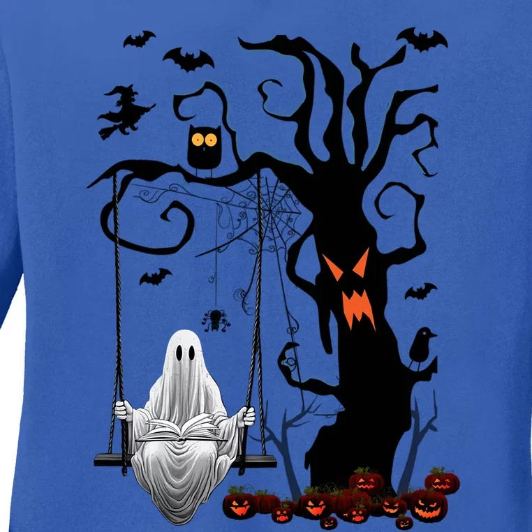 Halloween Ghost Swinging And Reading Book Creepy Pumpkins Cool Gift Ladies Long Sleeve Shirt