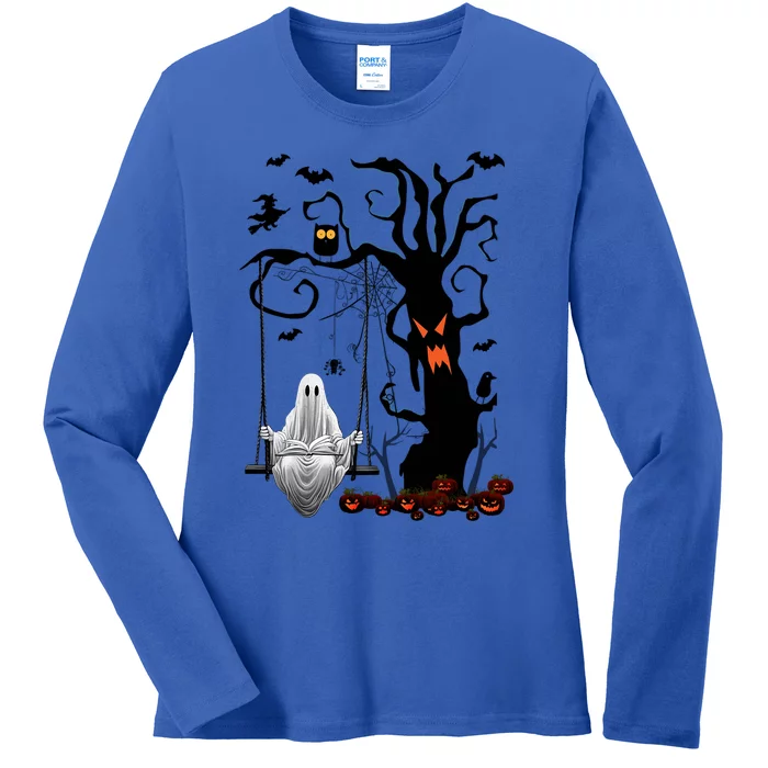 Halloween Ghost Swinging And Reading Book Creepy Pumpkins Cool Gift Ladies Long Sleeve Shirt