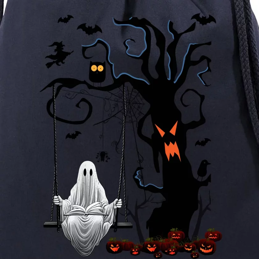 Halloween Ghost Swinging And Reading Book Creepy Pumpkins Cool Gift Drawstring Bag