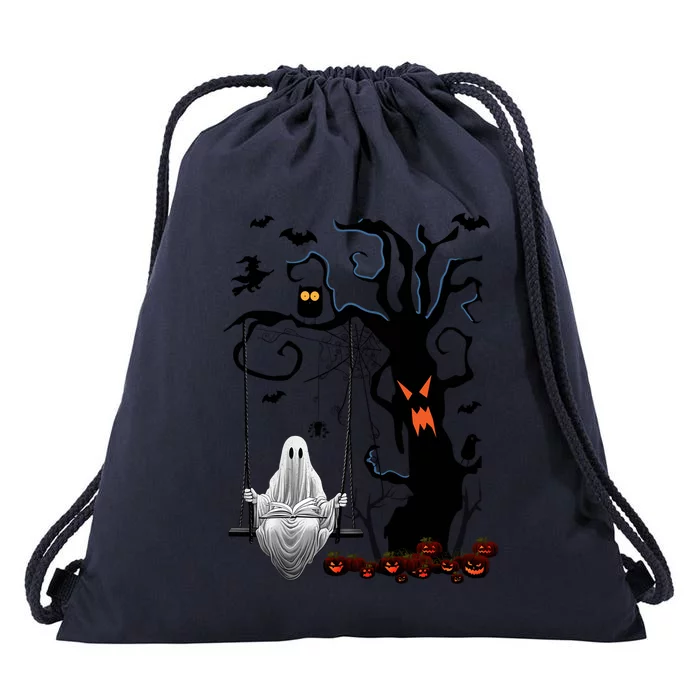 Halloween Ghost Swinging And Reading Book Creepy Pumpkins Cool Gift Drawstring Bag