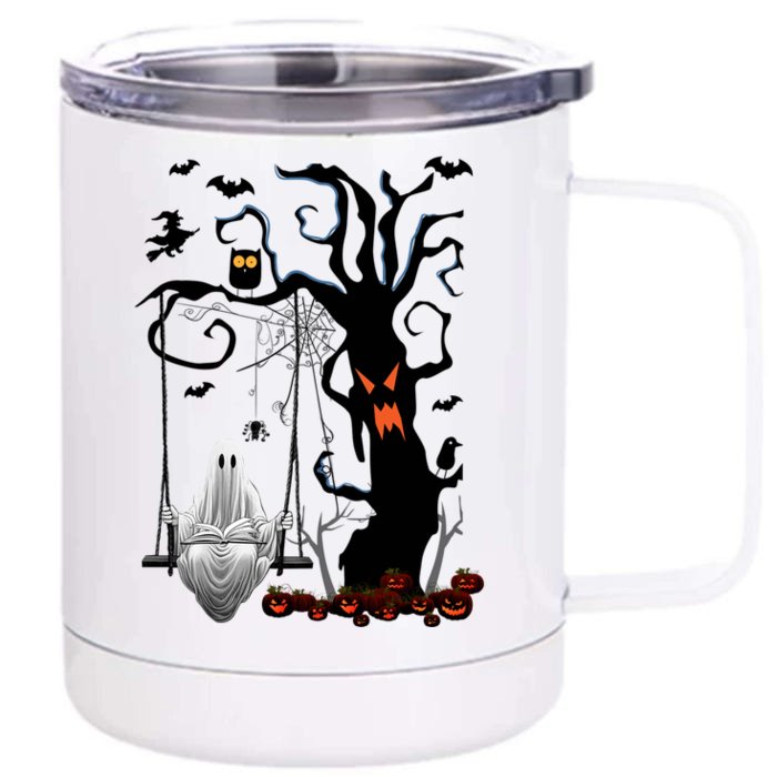 Halloween Ghost Swinging And Reading Book Creepy Pumpkins Cool Gift Front & Back 12oz Stainless Steel Tumbler Cup