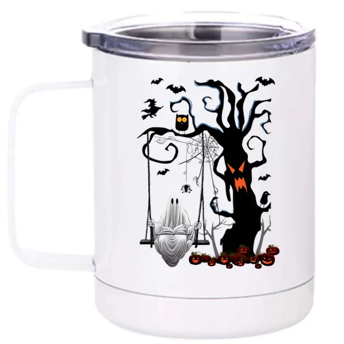 Halloween Ghost Swinging And Reading Book Creepy Pumpkins Cool Gift Front & Back 12oz Stainless Steel Tumbler Cup