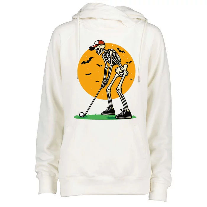 Halloween Golf Skeleton Golfer Funny Halloween Golfing Gift Womens Funnel Neck Pullover Hood