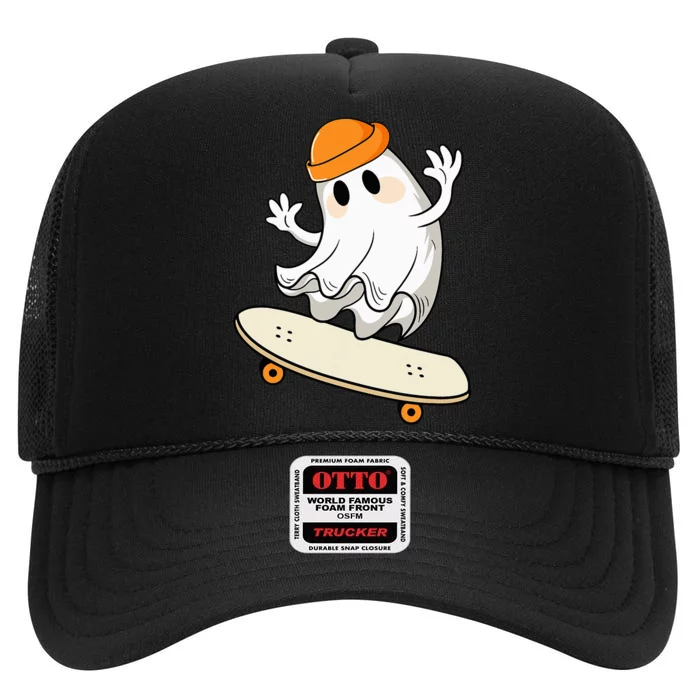 Halloween Ghost Skateboard Halloween Skateboarding High Crown Mesh Trucker Hat