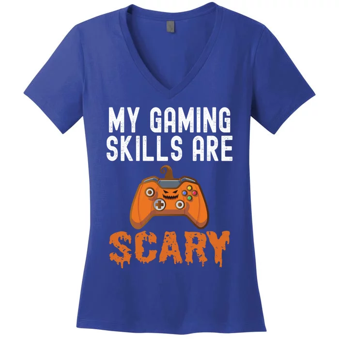 Halloween Gaming Skills Scary Gamer Pumpkin Funny Gamer Gift Women's V-Neck T-Shirt