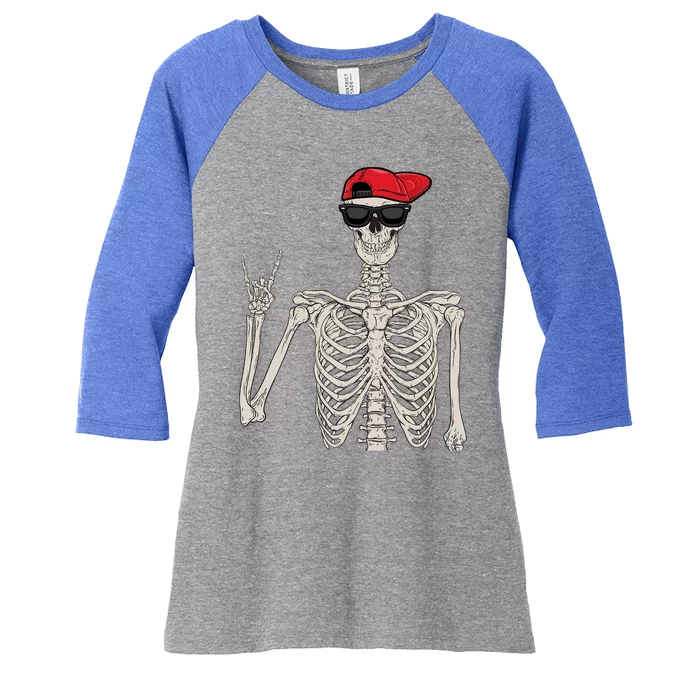 Halloween Gift Skeleton Rock On Hand Skeleton Great Gift Women's Tri-Blend 3/4-Sleeve Raglan Shirt