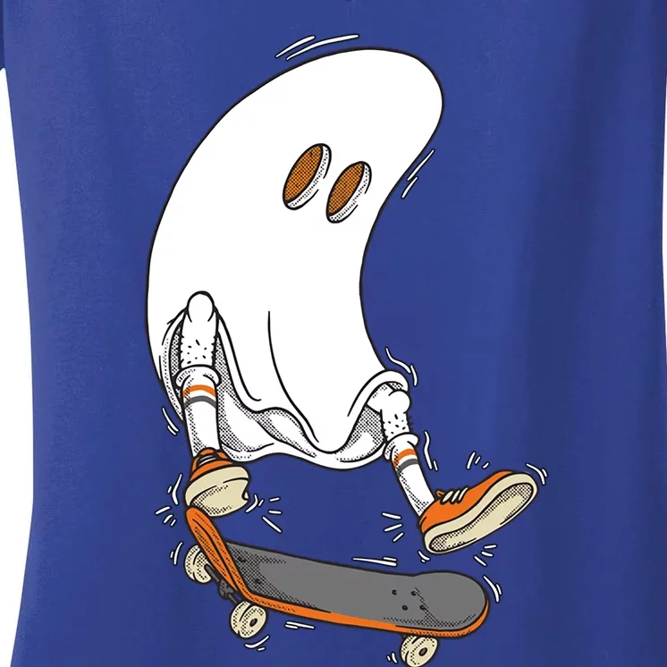 Halloween Ghost Skateboard Halloween Costume Skateboarding Funny Gift Women's V-Neck T-Shirt