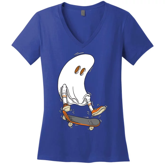 Halloween Ghost Skateboard Halloween Costume Skateboarding Funny Gift Women's V-Neck T-Shirt