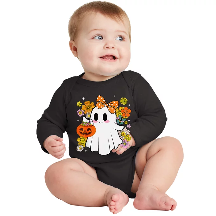 Halloween Groovy Trick Or Treat Cute Ghost Floral Women Girl Baby Long Sleeve Bodysuit