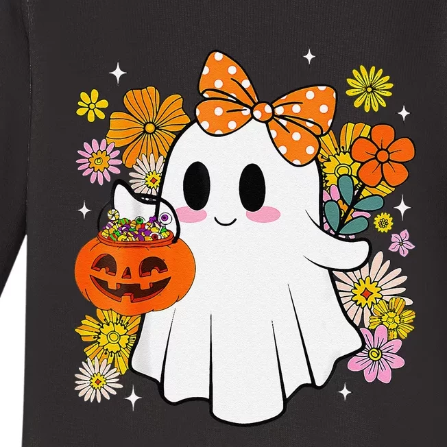 Halloween Groovy Trick Or Treat Cute Ghost Floral Women Girl Baby Long Sleeve Bodysuit