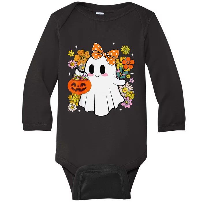 Halloween Groovy Trick Or Treat Cute Ghost Floral Women Girl Baby Long Sleeve Bodysuit