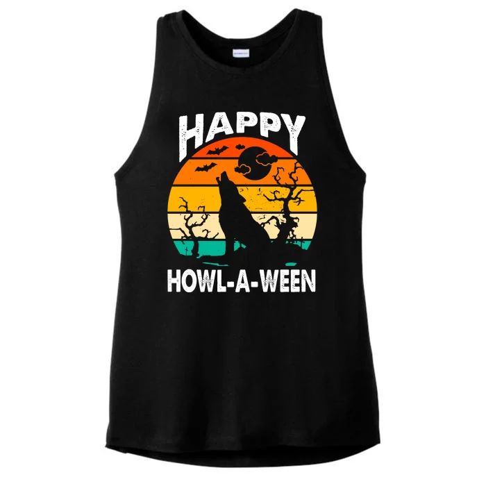 Happy Howl A Ween Halloween Wolf Retro Ladies Tri-Blend Wicking Tank