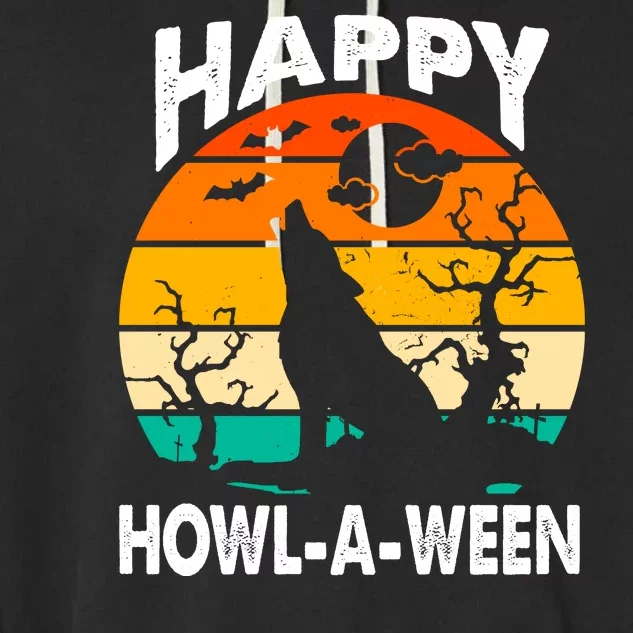 Happy Howl A Ween Halloween Wolf Retro Garment-Dyed Fleece Hoodie