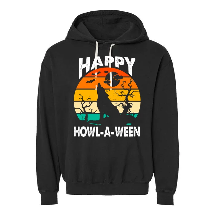 Happy Howl A Ween Halloween Wolf Retro Garment-Dyed Fleece Hoodie