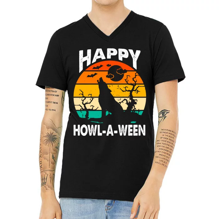 Happy Howl A Ween Halloween Wolf Retro V-Neck T-Shirt