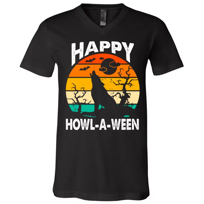 Happy Howl A Ween Halloween Wolf Retro V-Neck T-Shirt